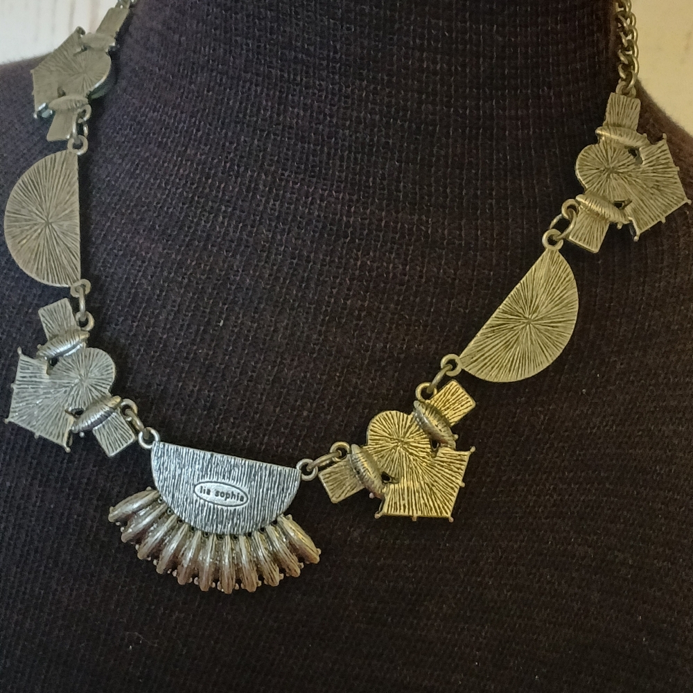 Lia Sophia silvertone geometric necklace with turquoise and green stones - Picture 7 of 9
